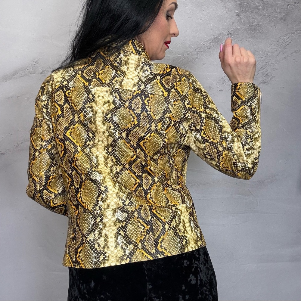 Yellow and Brown Animal Print Blazer with Glossy Finish - Picture 3 of 6